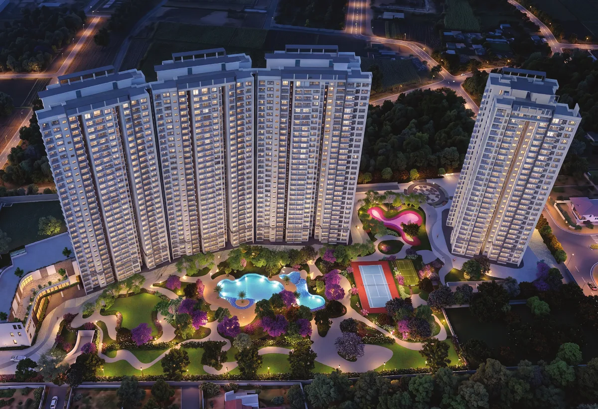Prestige Garden Breeze towers at night, aerial view
